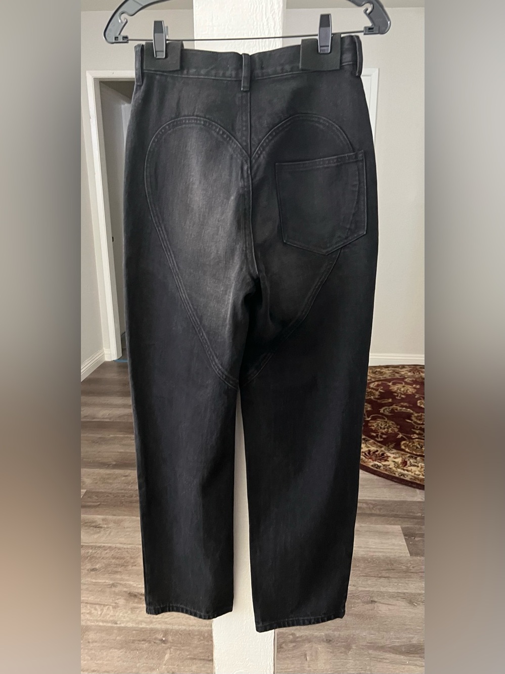 AREA Black Straight-Leg Jeans with Crystal Thigh Slits. - Picture 2 of 9